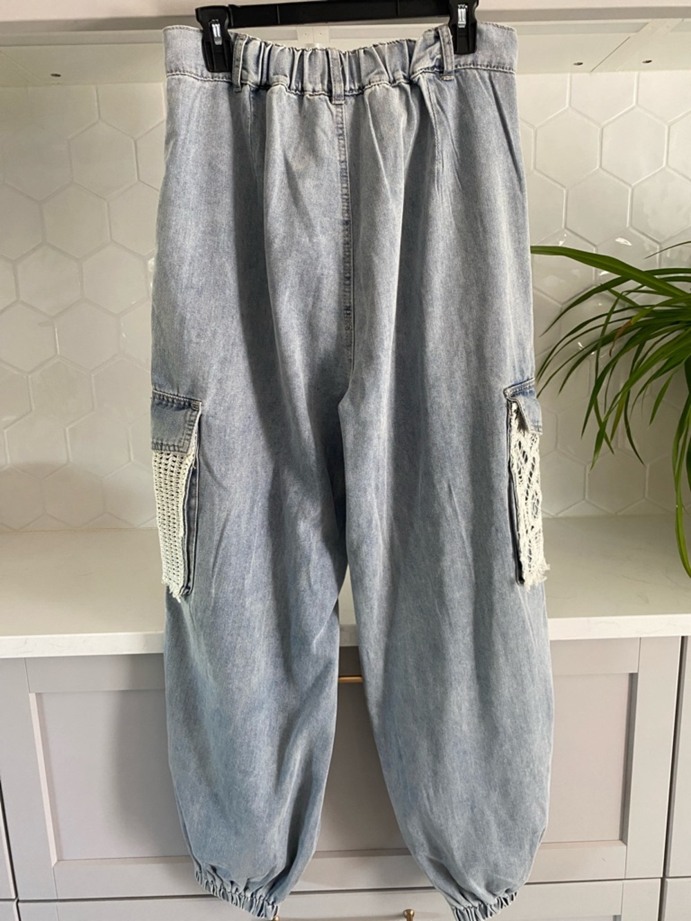 POL Light Wash Crochet Patchwork Distressed Joggers/Jeans, Like New - Picture 4 of 7